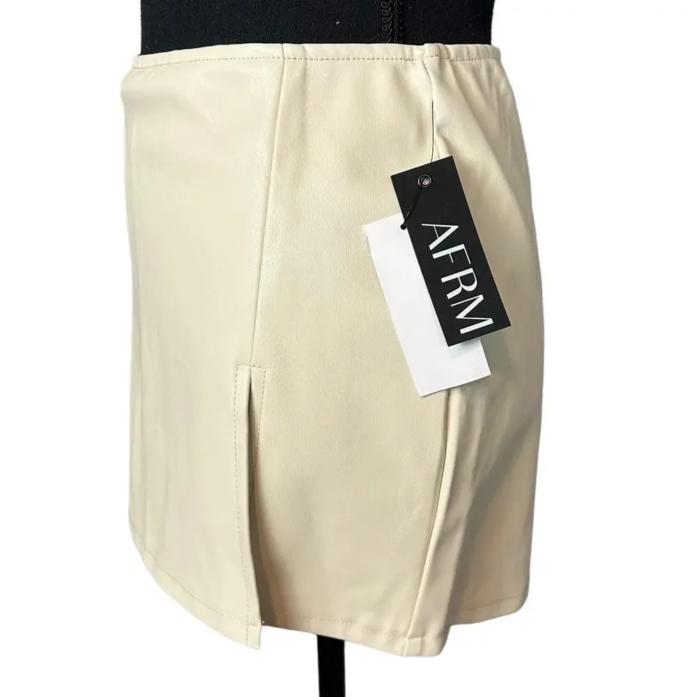 AFRM White Faux Leather Mini Skirt XS Ivory Pencil Soft Slit Work Micro $68 NEW - Picture 7 of 9